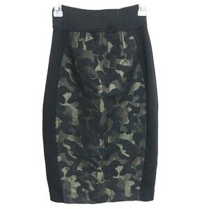 Maeve Anthropologie Pencil Skirt Women Sz 0 Black Green Camo Print Jacquard EUC
